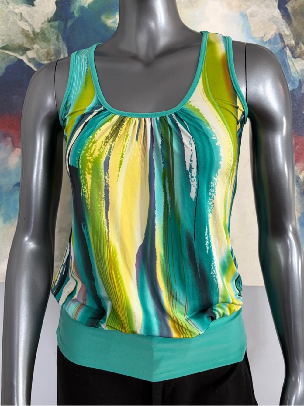 Strethy Y2K Sleeveless Scoop Neck Tank Top in Teal Green, Blue & Yellow